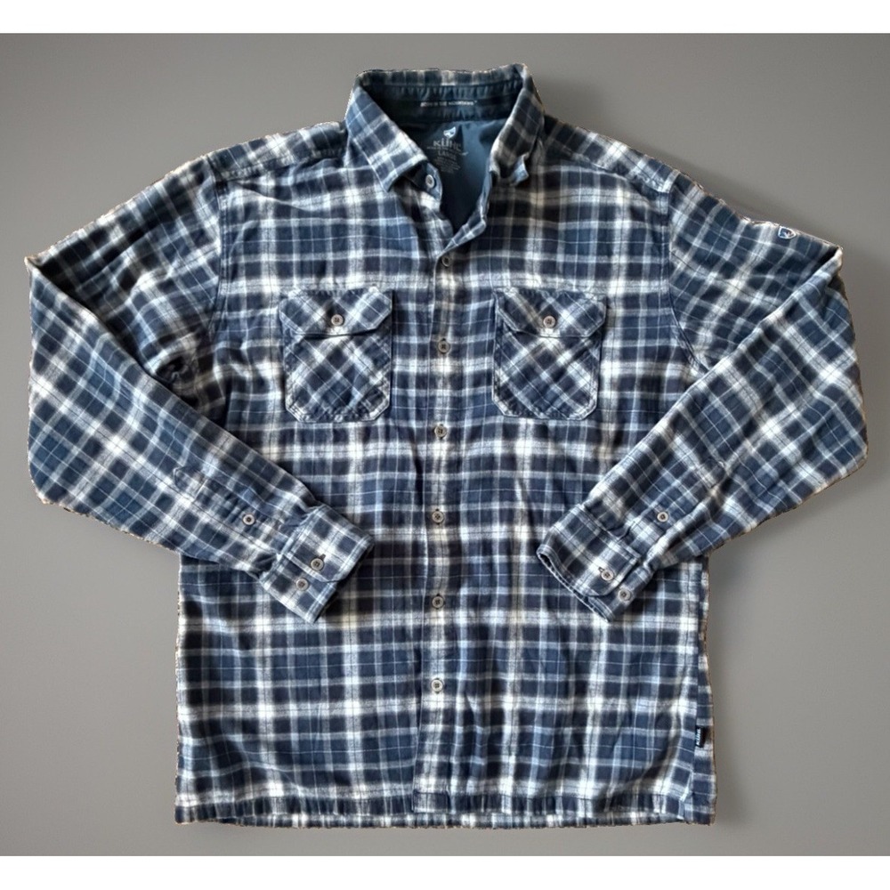 Kuhl Long Sleeve Button Down Shirt Blue Gray Plaid Pockets Logo Large JBHS